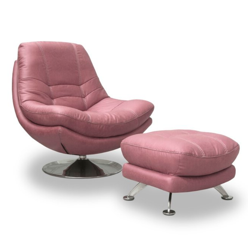 Luxe Fabric & Chrome Swivel Chair & Matching Footstool Set - Blush Pink - The Furniture Mega Store 