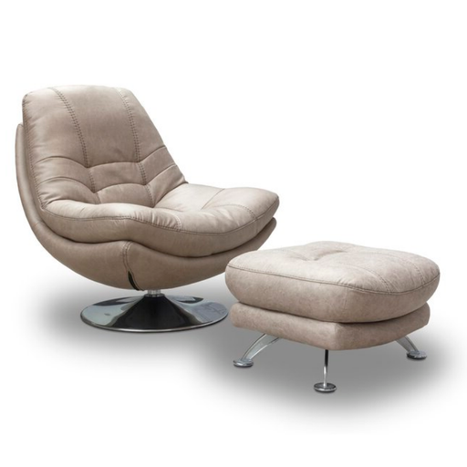 Luxe Fabric & Chrome Swivel Chair & Matching Footstool Set - Taupe Grey - The Furniture Mega Store