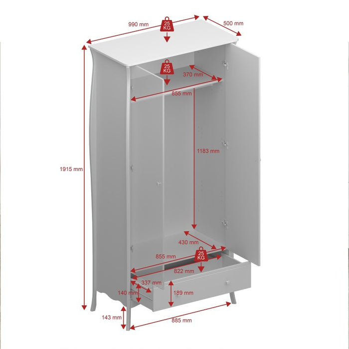 Baroque 2 Door 1 Drawer Wardrobe - Grey Painted Finish - The Furniture Mega Store 