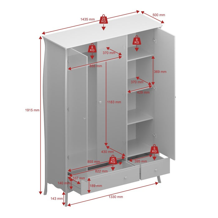 Baroque 3 Door 2 Drawer Wardrobe - Grey Painted Finish - The Furniture Mega Store 