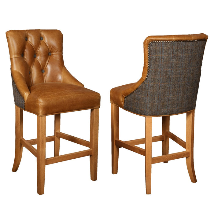 Hugo Vintage Leather & Hunting Lodge Harris Tweed Buttoned Bar Stool - The Furniture Mega Store 