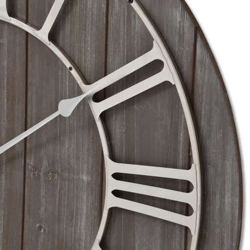 Grey Washed Wooden Wall Clock With Contrasting Nickel Detail - 68cm - The Furniture Mega Store 
