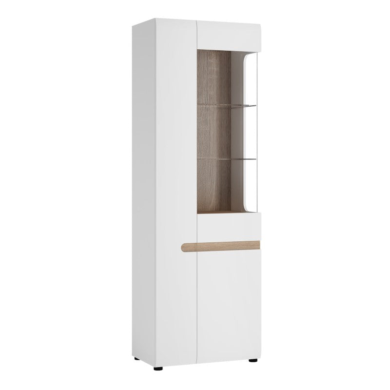 Chelsea White High Gloss & Truffle Oak Trim Tall Glazed Narrow Display unit (LHD) - The Furniture Mega Store 