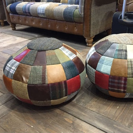 Patchwork Leather, Mixed Wool & Harris Tweed Ball Bean Bag - The Furniture Mega Store 