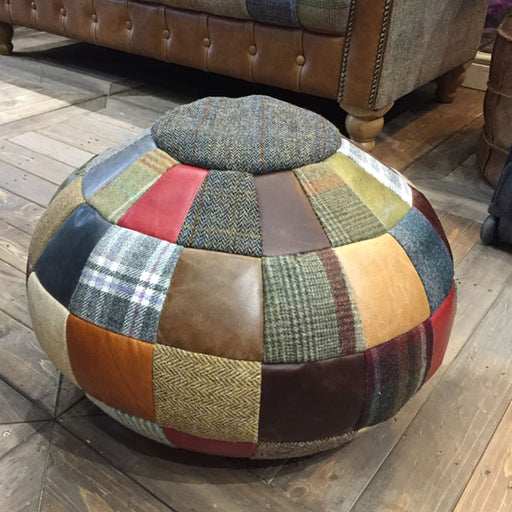 Patchwork Leather, Mixed Wool & Harris Tweed Ball Bean Bag - The Furniture Mega Store 