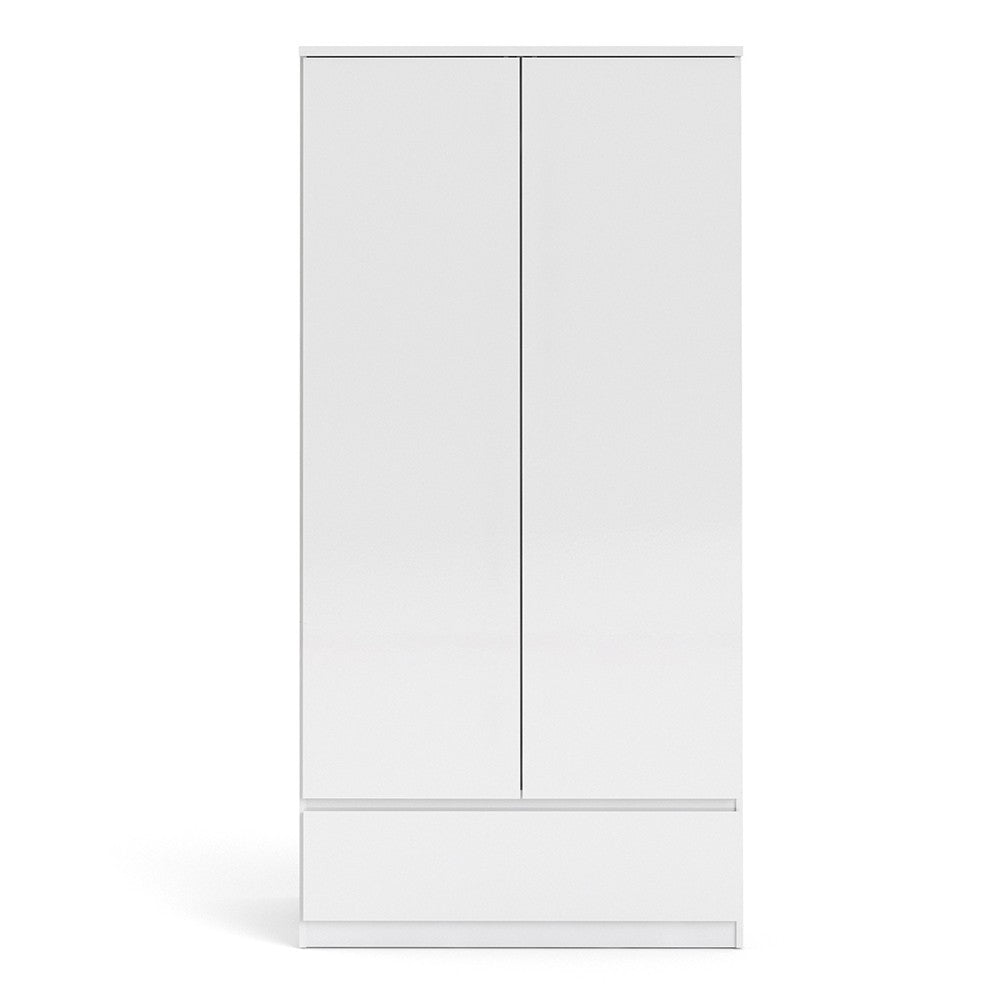 Naiah Wardrobe 2 doors + 1 drawer White High Gloss - The Furniture Mega Store 