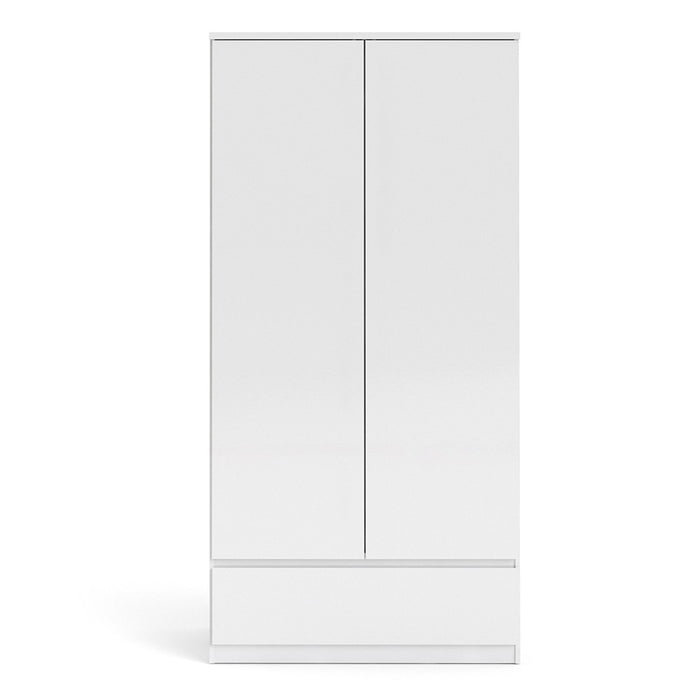 Naiah Wardrobe 2 doors + 1 drawer White High Gloss - The Furniture Mega Store 