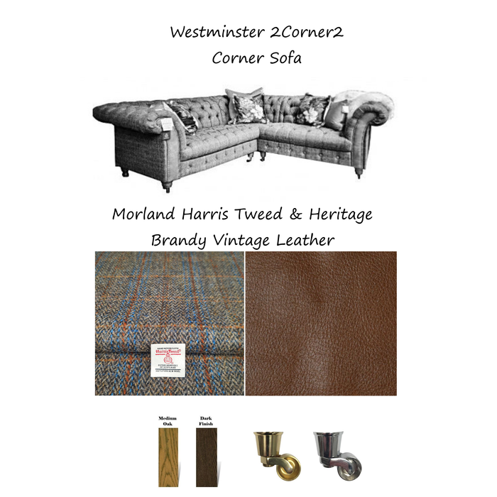 Westminster Buttoned Harris Tweed & Vintage Leather Chesterfield Corner Sofa - Choice Of Sizes - The Furniture Mega Store 