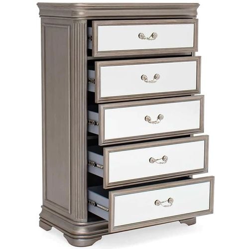 Vida Living Jessica Champagne Mirrored 5 Drawer Tall Chest - The Furniture Mega Store