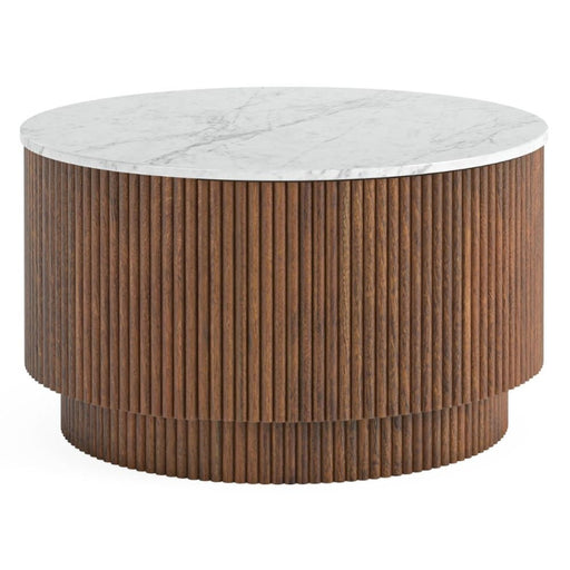 Piano Walnut Fluted Wood and Marble Top Round Coffee Table with 1 Door Storage, Made of Mango Wood Ribbed Drum Base and White Marble Top - The Furniture Mega Store 