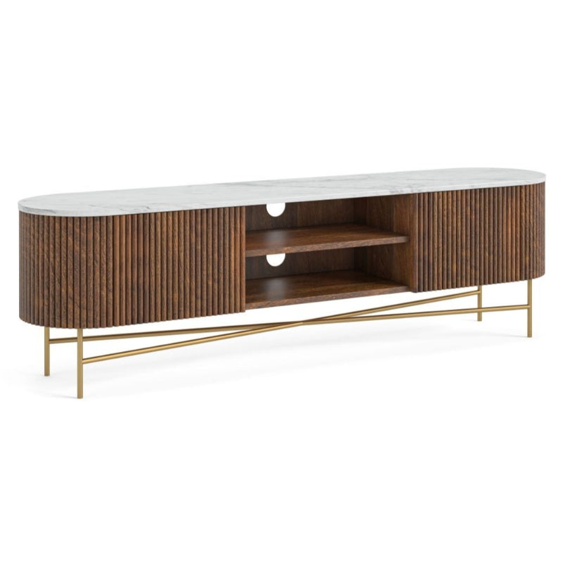 Piano Walnut Fluted Wood and Marble Top Extra Large Curved TV Unit, 180cm Wide for Television Upto 65in Plasma, Made of Mango Wood Ribbed Base and White Marble Top - The Furniture Mega Store 