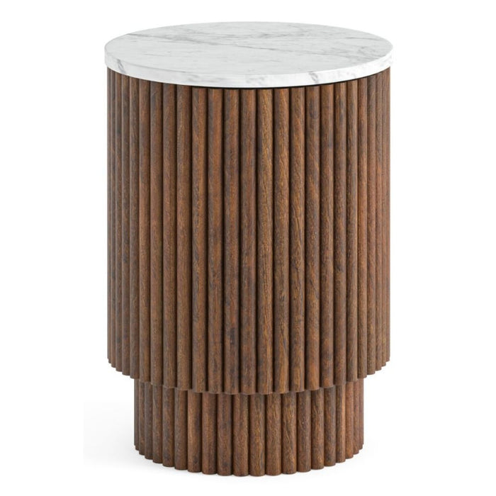 Piano Walnut Fluted Wood and Marble Top Round Side Table with 1 Door, Made of Mango Wood Ribbed Drum Base and White Marble Top - The Furniture Mega Store 
