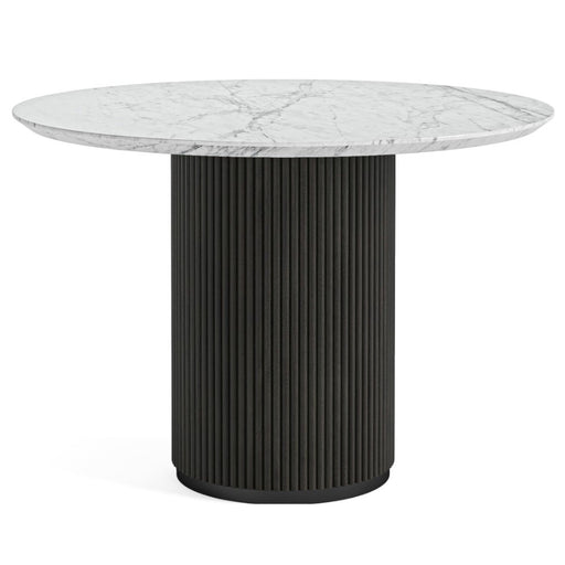 Piano Black Fluted Wood and Marble Top Round Dining Table, 120cm Dia Seats 4 Diners, Made of Mango Wood Ribbed Drum Base and White Marble Top - The Furniture Mega Store 