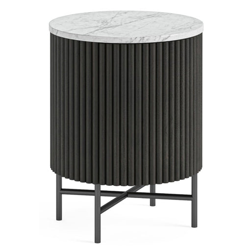 Piano Black Fluted Wood and Marble Top Round Bedside Table with 1 Door, Made of Mango Wood Ribbed and White Marble Top - The Furniture Mega Store 