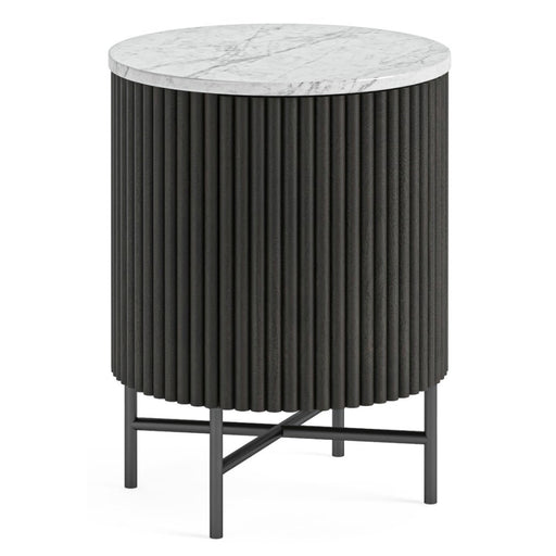 Piano Black Fluted Wood and Marble Top Round Bedside Table with 1 Door, Made of Mango Wood Ribbed and White Marble Top - The Furniture Mega Store