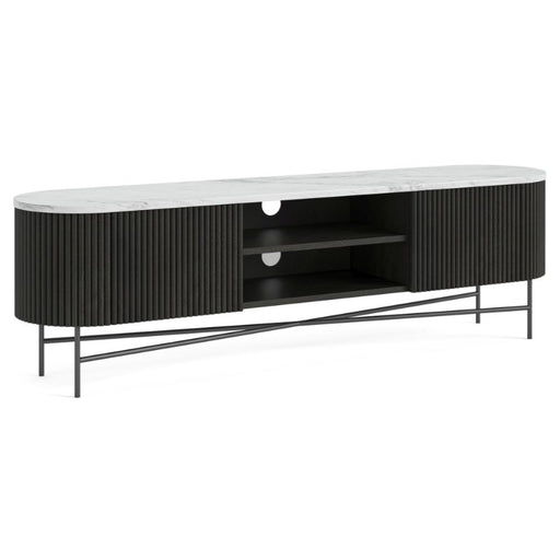 Piano Black Fluted Wood and Marble Top Extra Large Curved TV Unit, 180cm Wide for Television Upto 65in Plasma, Made of Mango Wood Ribbed Base and White Marble Top - The Furniture Mega Store 