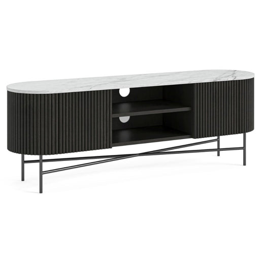 Piano Black Fluted Wood and Marble Top Large Curved TV Unit, 150cm Wide for Television Upto 55in Plasma, Made of Mango Wood Ribbed Base and White Marble Top - The Furniture Mega Store 
