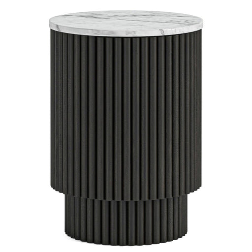 Piano Black Fluted Wood and Marble Top Round Side Table with 1 Door, Made of Mango Wood Ribbed Drum Base and White Marble Top - The Furniture Mega Store 