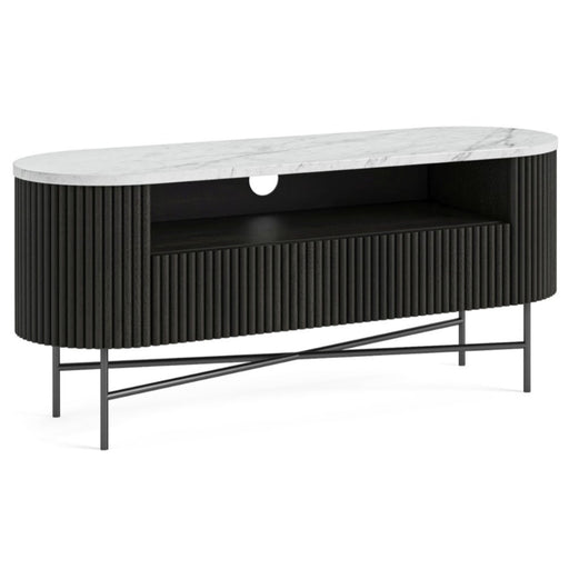 Piano Black Fluted Wood and Marble Top Small Curved TV Unit, 120cm Wide for Television Upto 43in Plasma, Made of Mango Wood Ribbed Base and White Marble Top - The Furniture Mega Store 