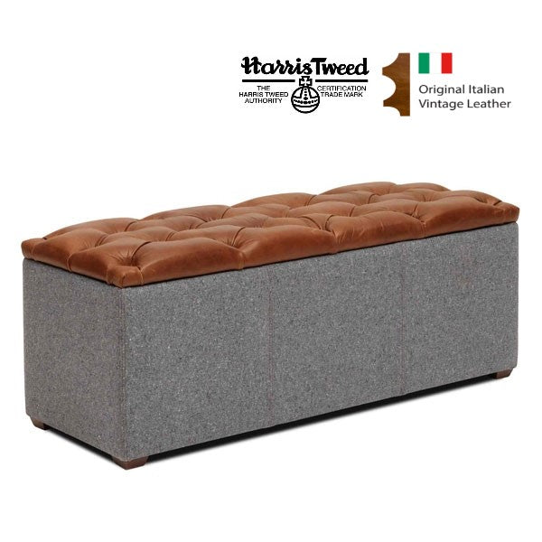 Vintage Leather Harris Tweed Buttoned Top Storage Bench 120cm