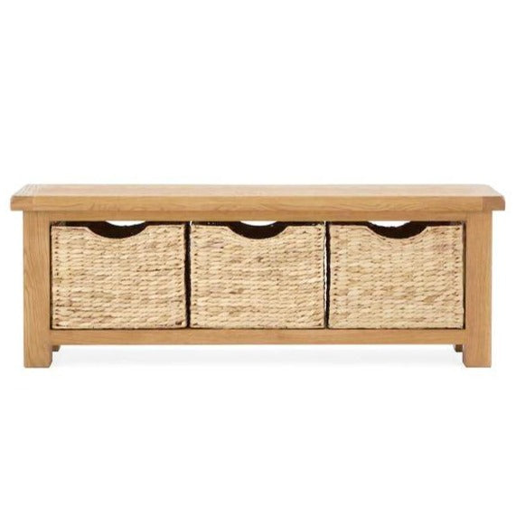 Sailsbury Solid Oak 3 Basket Storage Bench - 130cm - The Furniture Mega Store 