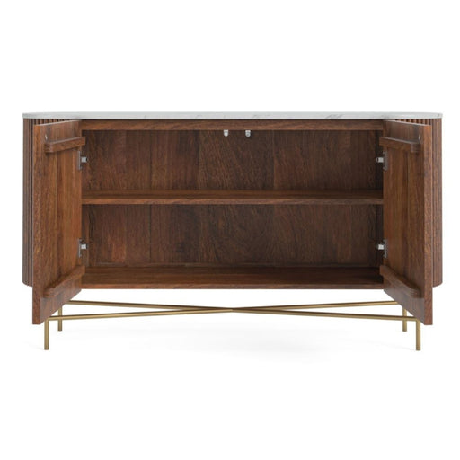 Piano Walnut Fluted Wood and Marble Top Large Curved Sideboard with 2 Doors, Made of Mango Wood Ribbed Base and White Marble Top - The Furniture Mega Store 