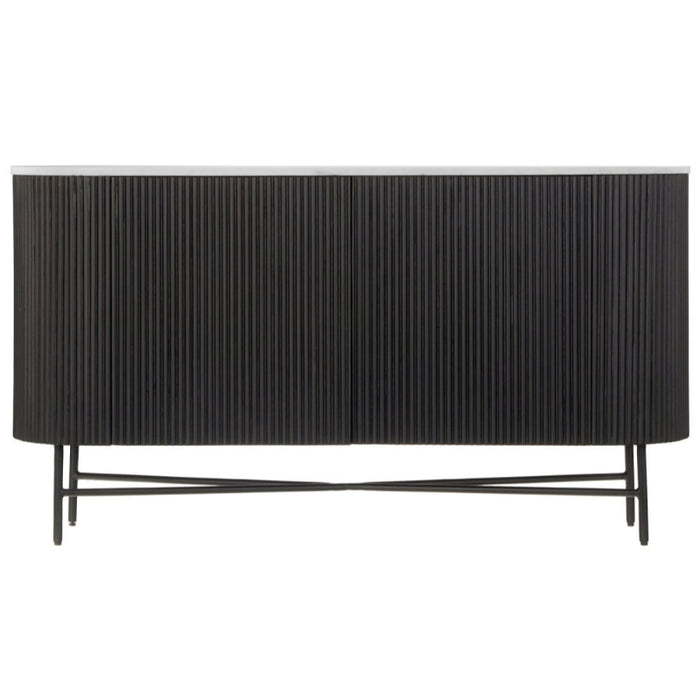 Piano Black Fluted Wood and Marble Top Large Curved Sideboard with 2 Doors, Made of Mango Wood Ribbed Base and White Marble Top - The Furniture Mega Store 