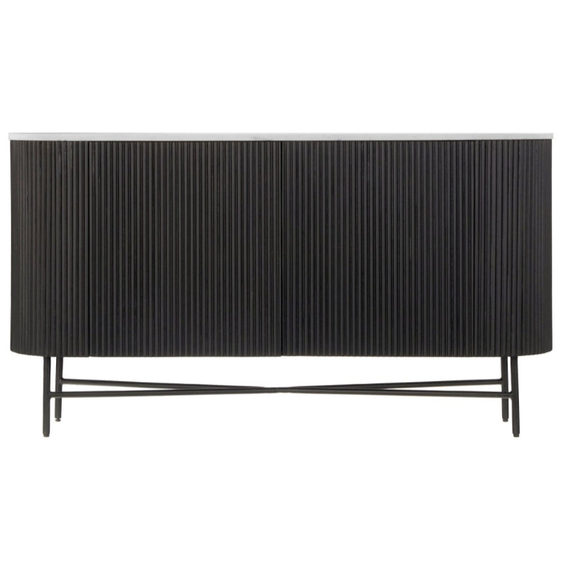 Piano Black Fluted Wood and Marble Top Large Curved Sideboard with 2 Doors, Made of Mango Wood Ribbed Base and White Marble Top - The Furniture Mega Store 