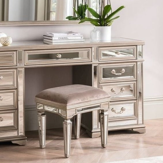 Vida Living Jessica Champagne Mirrored Dressing Table Stool - The Furniture Mega Store 