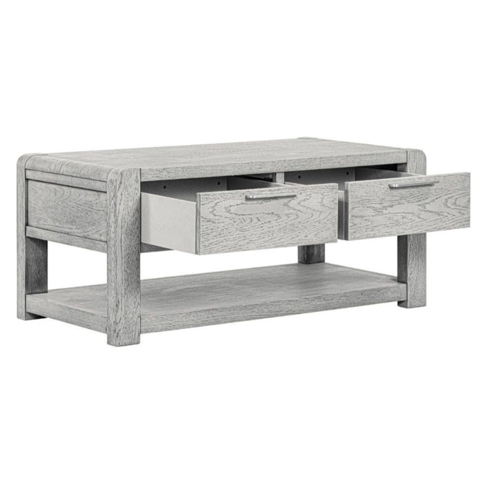 Flora Grey Washed Oak Coffee Table, Storage with 2 Drawers - The Furniture Mega Store 