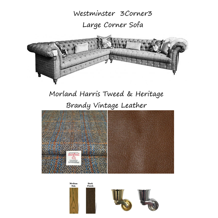 Westminster Buttoned Harris Tweed & Vintage Leather Chesterfield Corner Sofa - Choice Of Sizes - The Furniture Mega Store 