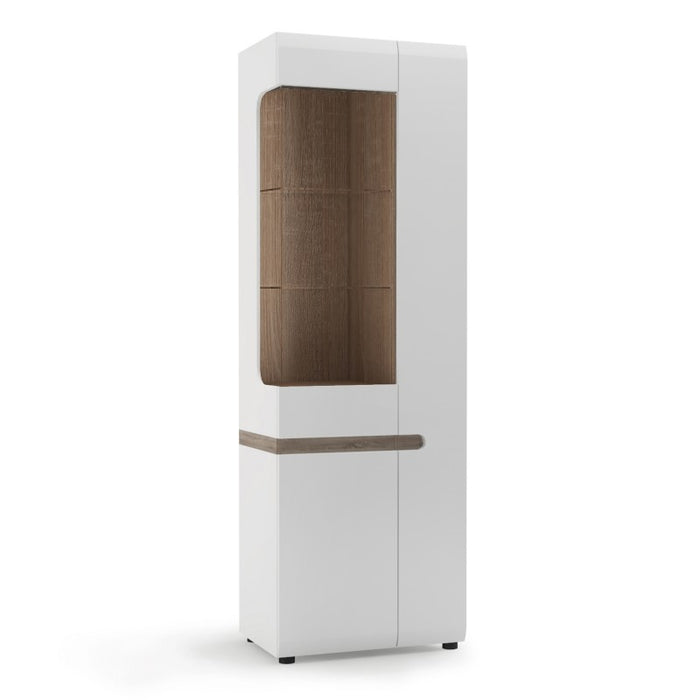 Chelsea White High Gloss & Truffle Oak Trim Tall Glazed Narrow Display unit (RHD) - The Furniture Mega Store 