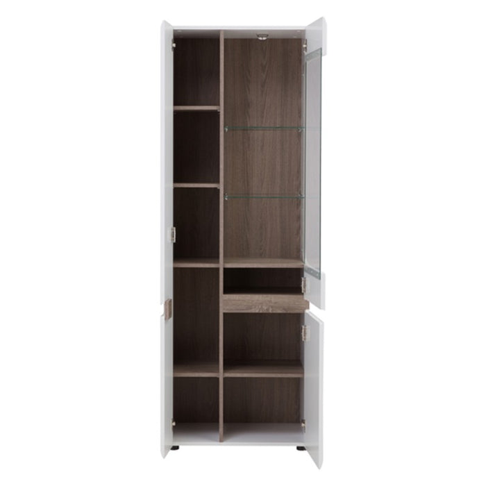 Chelsea White High Gloss & Truffle Oak Trim Tall Glazed Narrow Display unit (LHD) - The Furniture Mega Store 