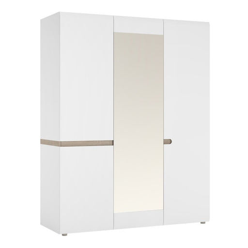 Chelsea White High Gloss & Truffle Oak Trim 3 Door Mirrored Wardrobe - The Furniture Mega Store 
