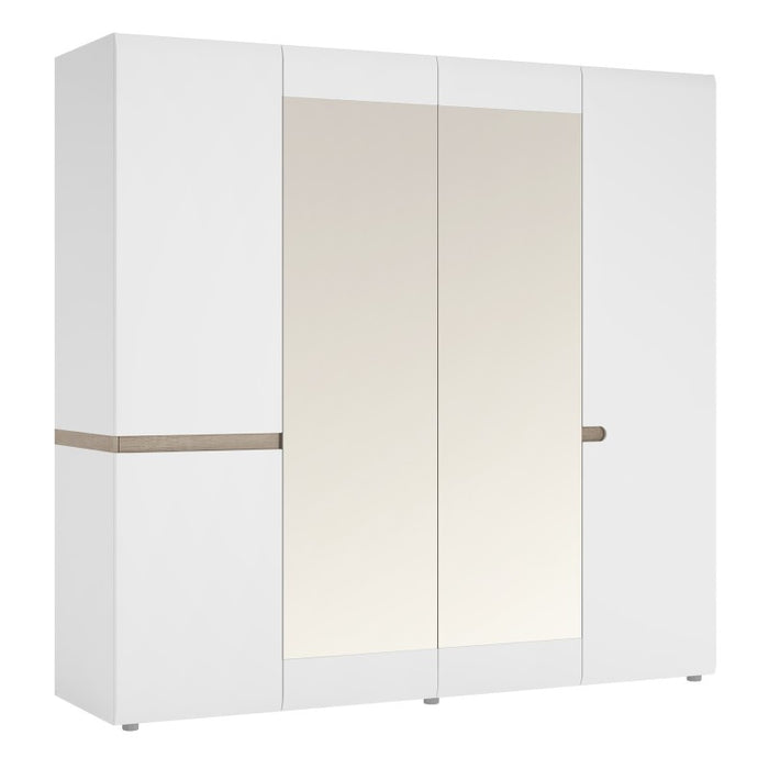 Chelsea White High Gloss & Truffle Oak Trim 4 Door Mirrored Wardrobe - The Furniture Mega Store 