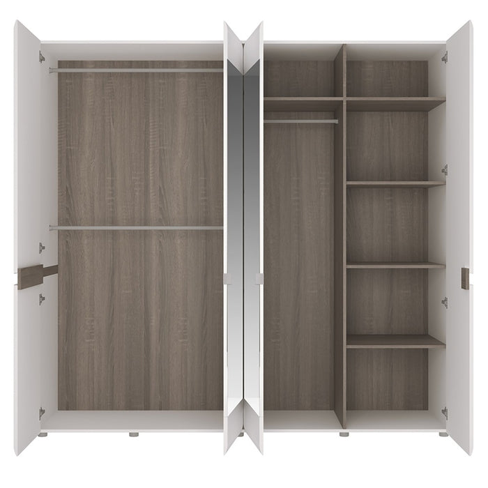 Chelsea White High Gloss & Truffle Oak Trim 4 Door Mirrored Wardrobe - The Furniture Mega Store 