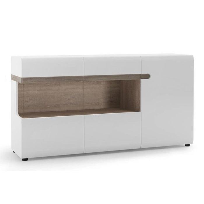 Chelsea White High Gloss & Truffle Oak Trim 3 Door Glazed Sideboard - Optional Lighting - The Furniture Mega Store 