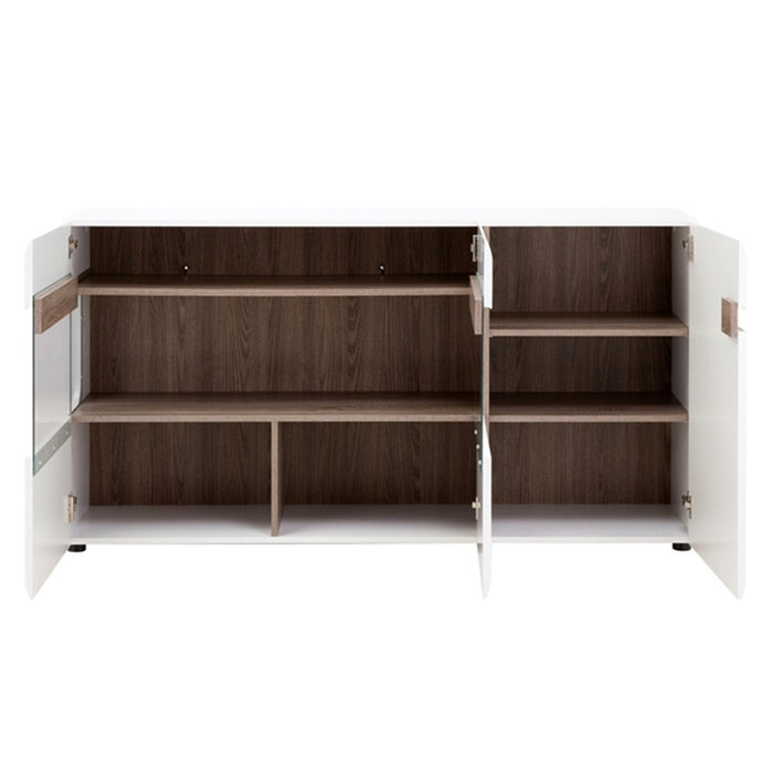 Chelsea White High Gloss & Truffle Oak Trim 3 Door Glazed Sideboard - Optional Lighting - The Furniture Mega Store 