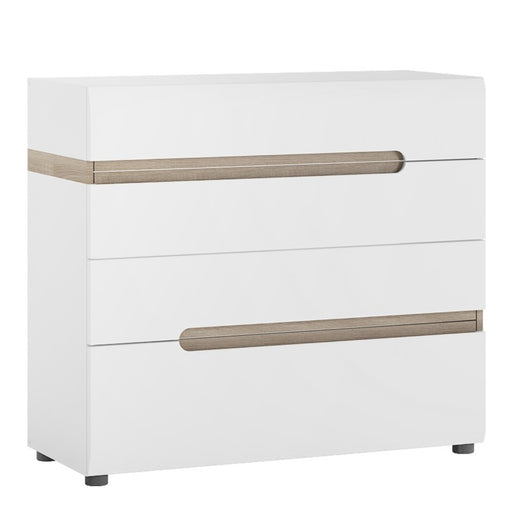 Chelsea White High Gloss & Truffle Oak Trim 4 Drawer Chest Of Drawers - The Furniture Mega Store 