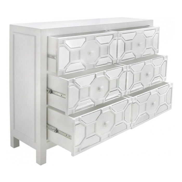 White Wooden 6 Drawer Chest with Raised Geometric Design. - The Furniture Mega Store 