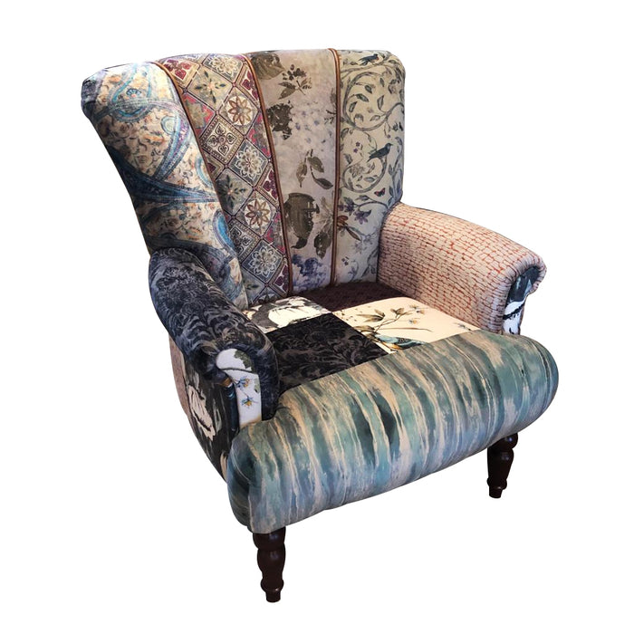 Lily Patchwork Harris Tweed , Velvet, Moon Wool & Vintage Leather Chair - Choice Of Size - The Furniture Mega Store 