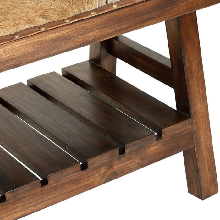 Goathide & Teak Wood Leather Bench Seat - The Furniture Mega Store 