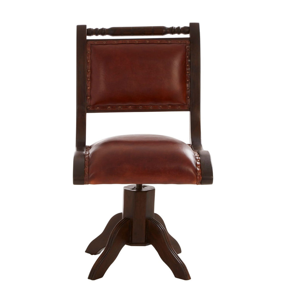 Inca Teak & Antique Brown Leather Swivel Office Chair - The Furniture Mega Store 