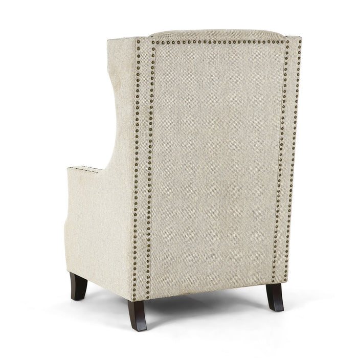 Harris Fabric Tweed Studded Armchair Brown Wooden Legs - The Furniture Mega Store 