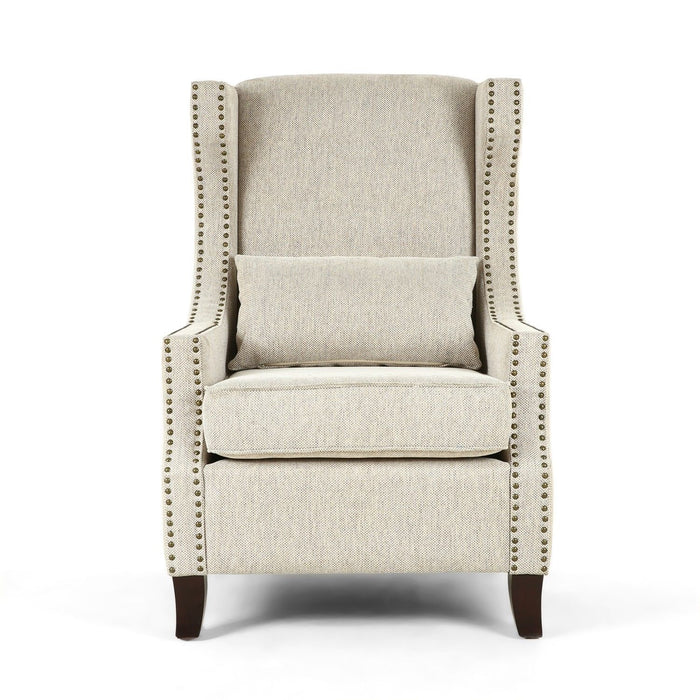 Harris Fabric Tweed Studded Armchair Brown Wooden Legs - The Furniture Mega Store 