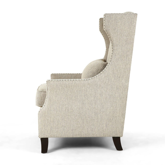 Harris Fabric Tweed Studded Armchair Brown Wooden Legs - The Furniture Mega Store 