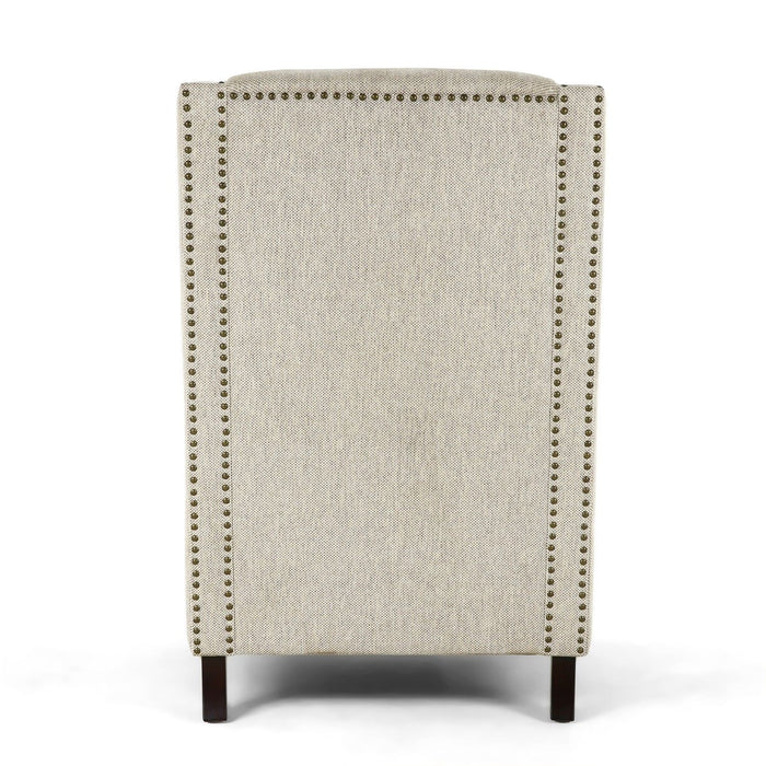 Harris Fabric Tweed Studded Armchair Brown Wooden Legs - The Furniture Mega Store 