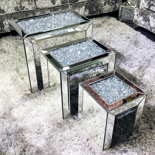 Crushed Diamond Mirrored Nest Of 3 Tables - The Furniture Mega Store 