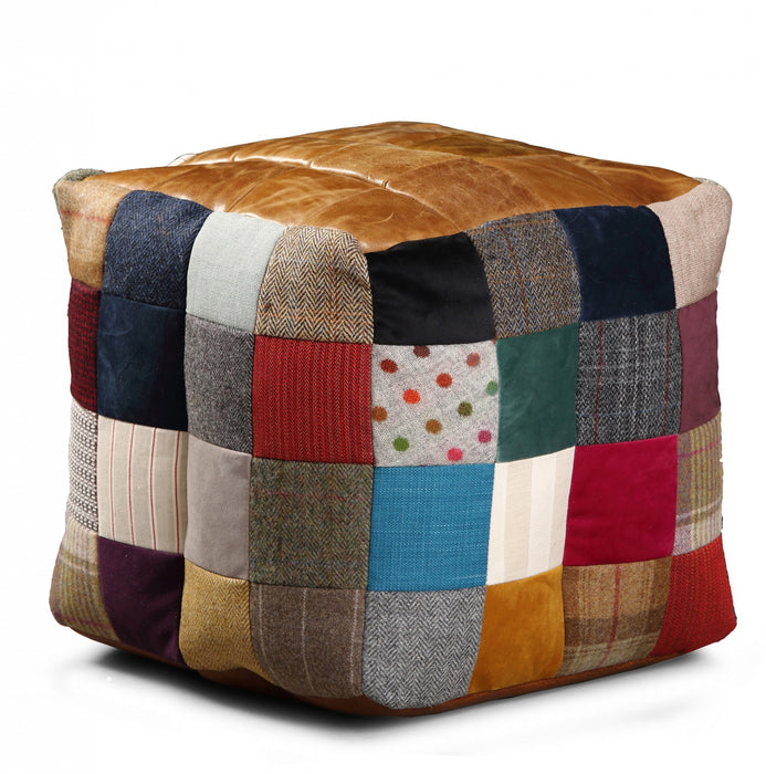 Leather Top, Mixed Wool & Tweed Bottom & Sides Bean Bag Cube - The Furniture Mega Store 