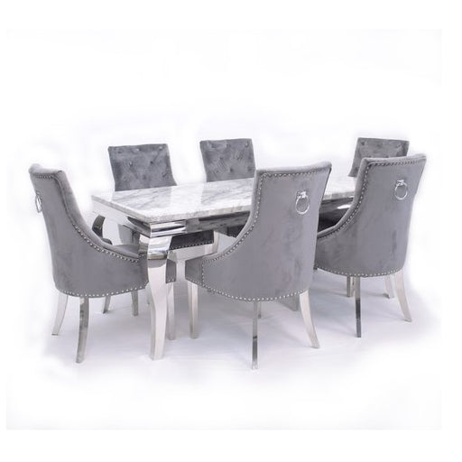 Louis 200cm Light Grey Marble Dining Table & 6 Cheshire Grey Velvet Dining Chairs Set - The Furniture Mega Store 